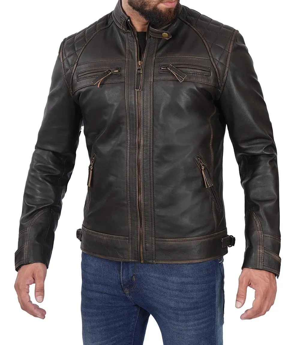 Diamond Men's Distressed Brown Vintage Motorcycle Jacket