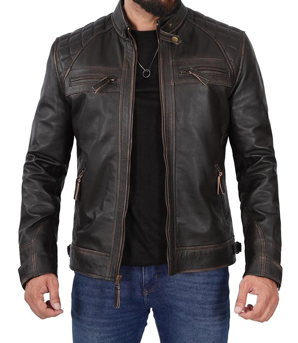 Diamond Men's Distressed Brown Vintage Motorcycle Jacket