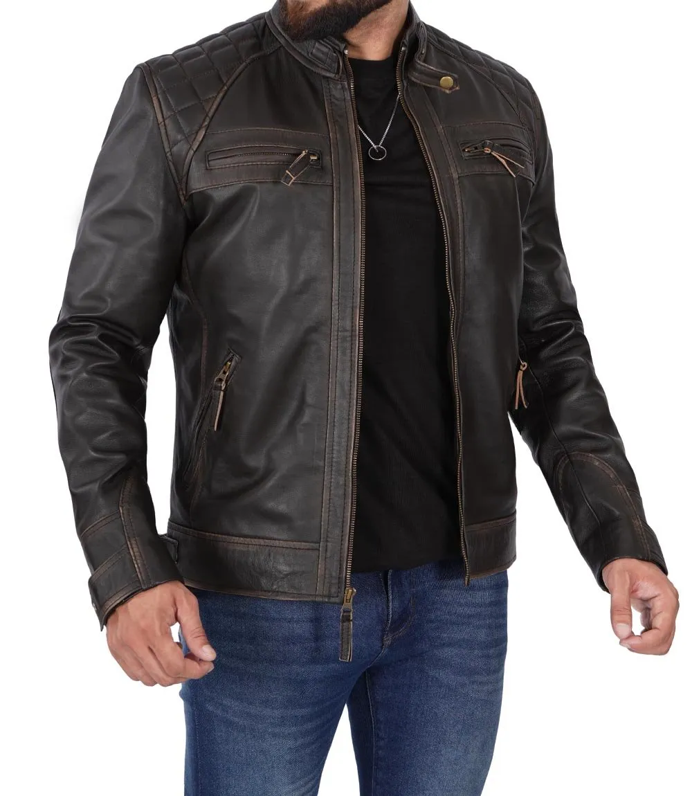 Diamond Men's Distressed Brown Vintage Motorcycle Jacket