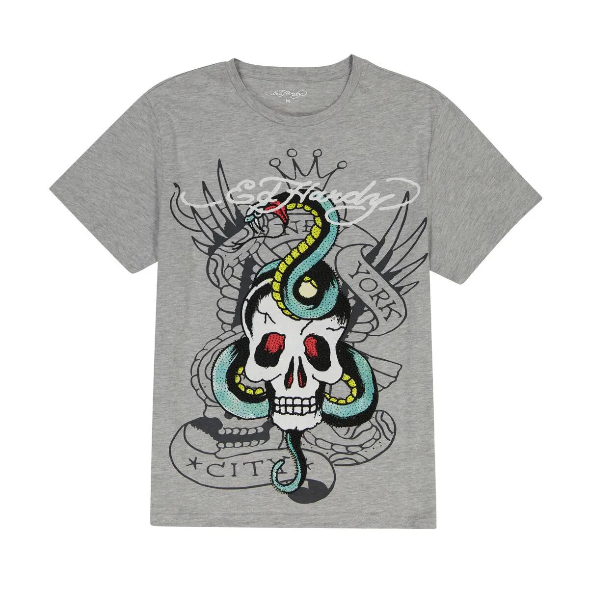 Ed Hardy Rhinestone Skull Snake SS Tee - Heather Grey