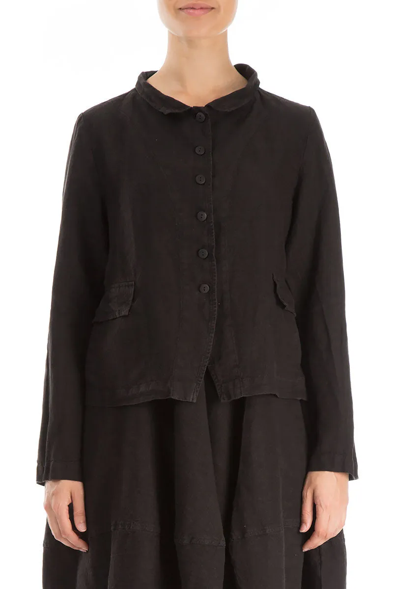 Elegant Buttoned Black Linen Jacket