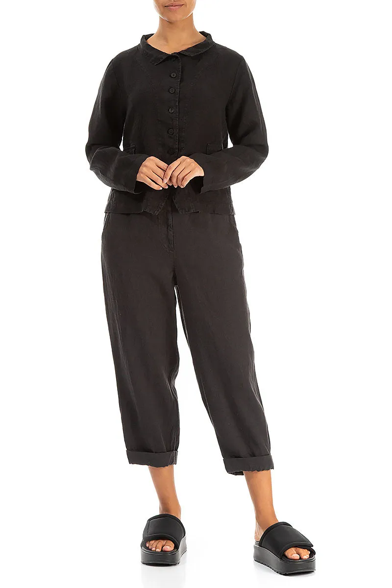 Elegant Buttoned Black Linen Jacket