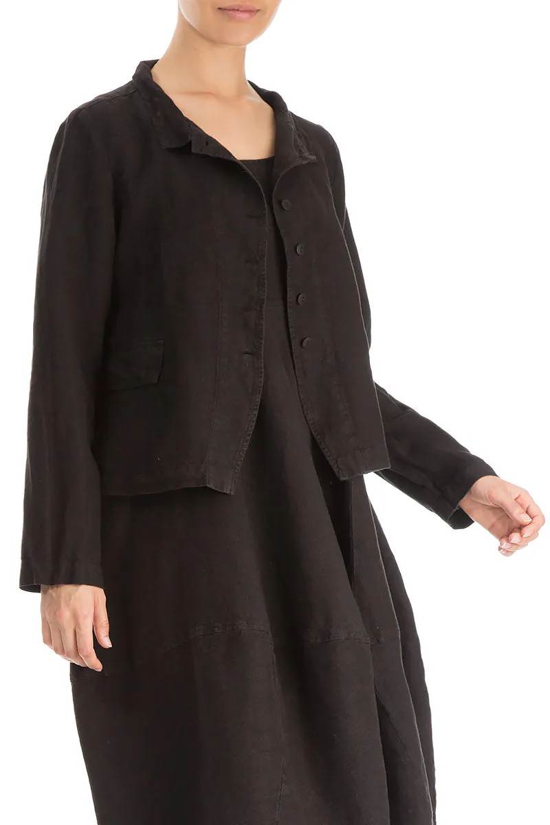 Elegant Buttoned Black Linen Jacket