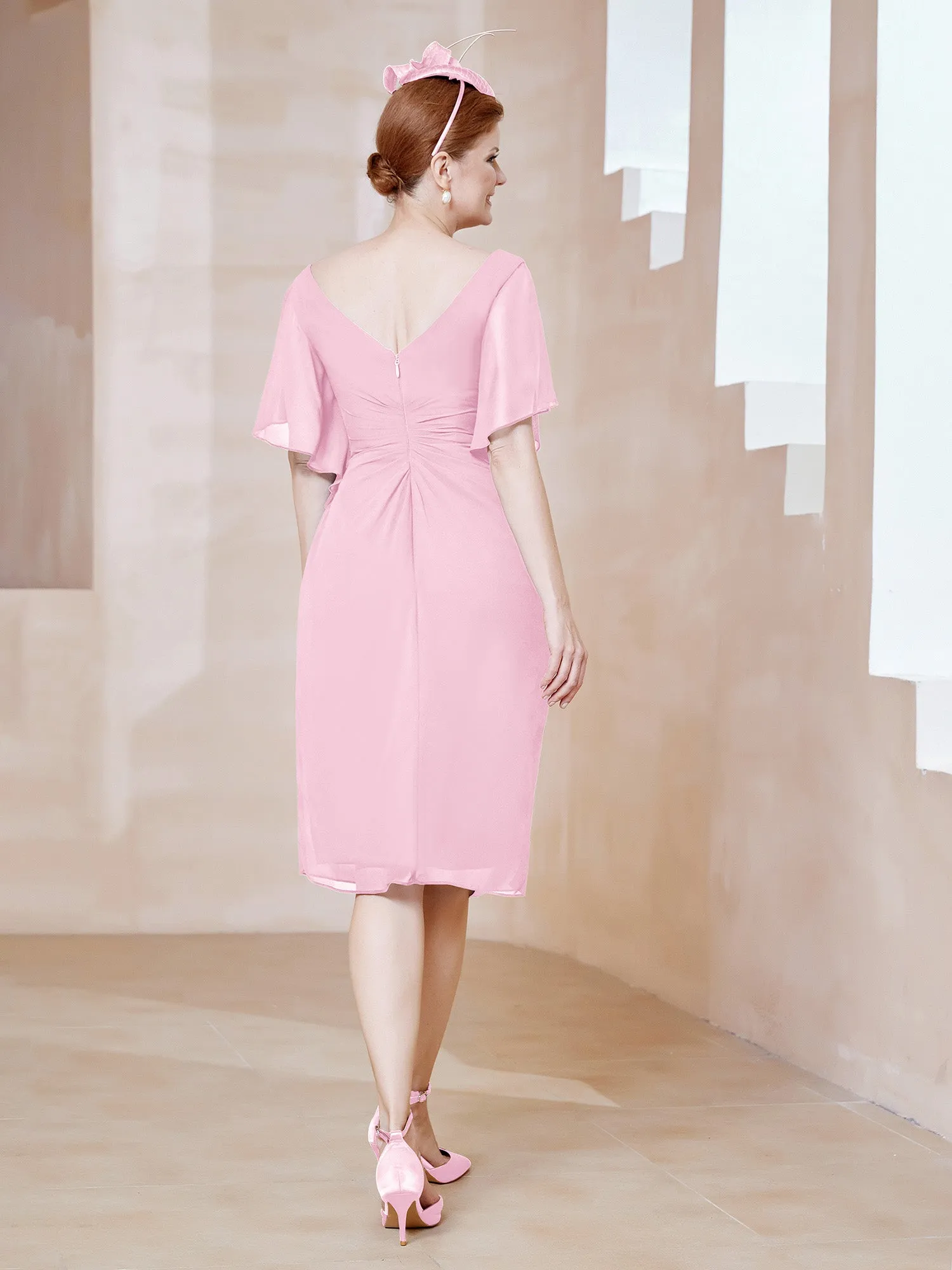 Flutter Sleeves V-neck Sequins Applique Decor Dress Candy Pink