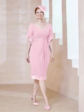 Flutter Sleeves V-neck Sequins Applique Decor Dress Candy Pink