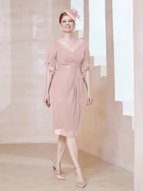 Flutter Sleeves V-neck Sequins Applique Decor Dress Dusty Rose