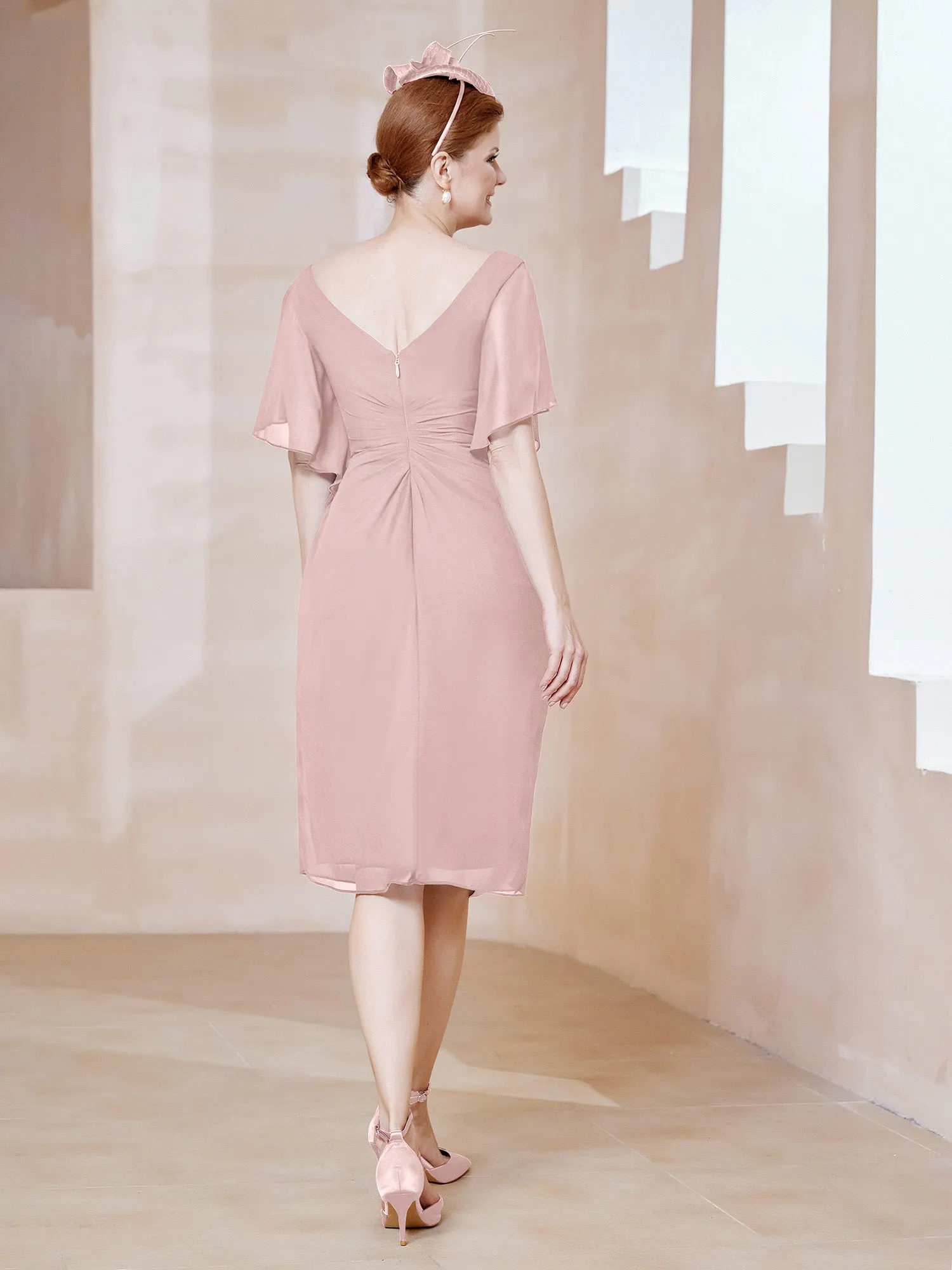 Flutter Sleeves V-neck Sequins Applique Decor Dress Dusty Rose