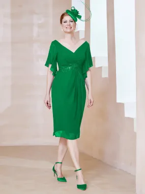 Flutter Sleeves V-neck Sequins Applique Decor Dress Emerald