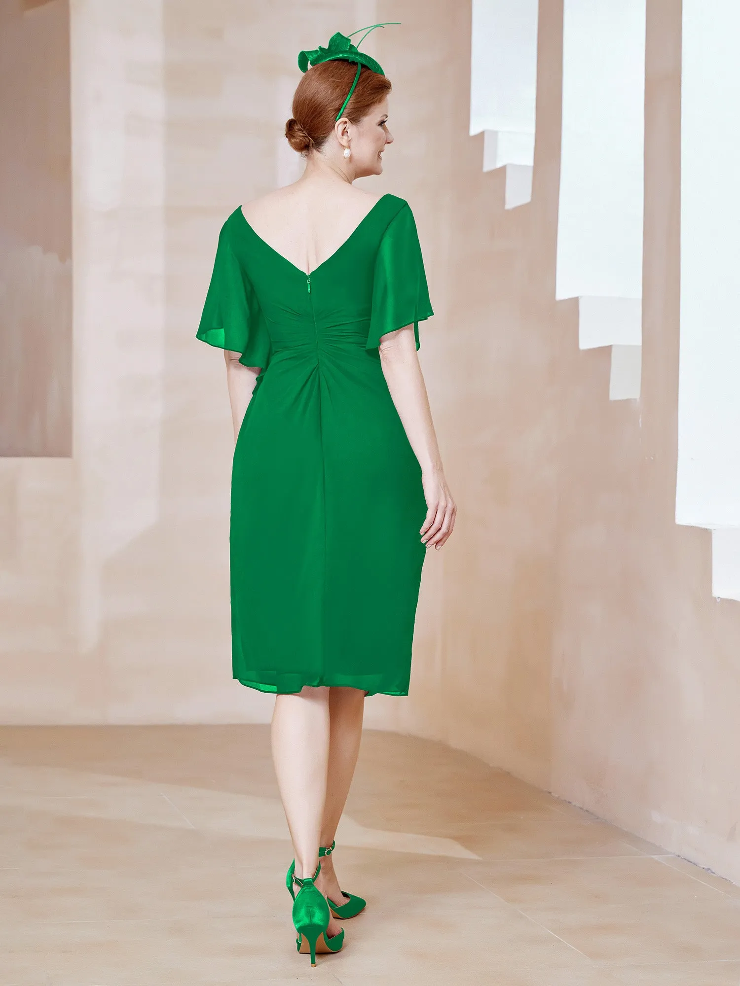 Flutter Sleeves V-neck Sequins Applique Decor Dress Emerald