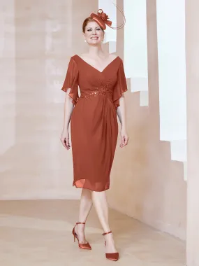 Flutter Sleeves V-neck Sequins Applique Decor Dress Rust
