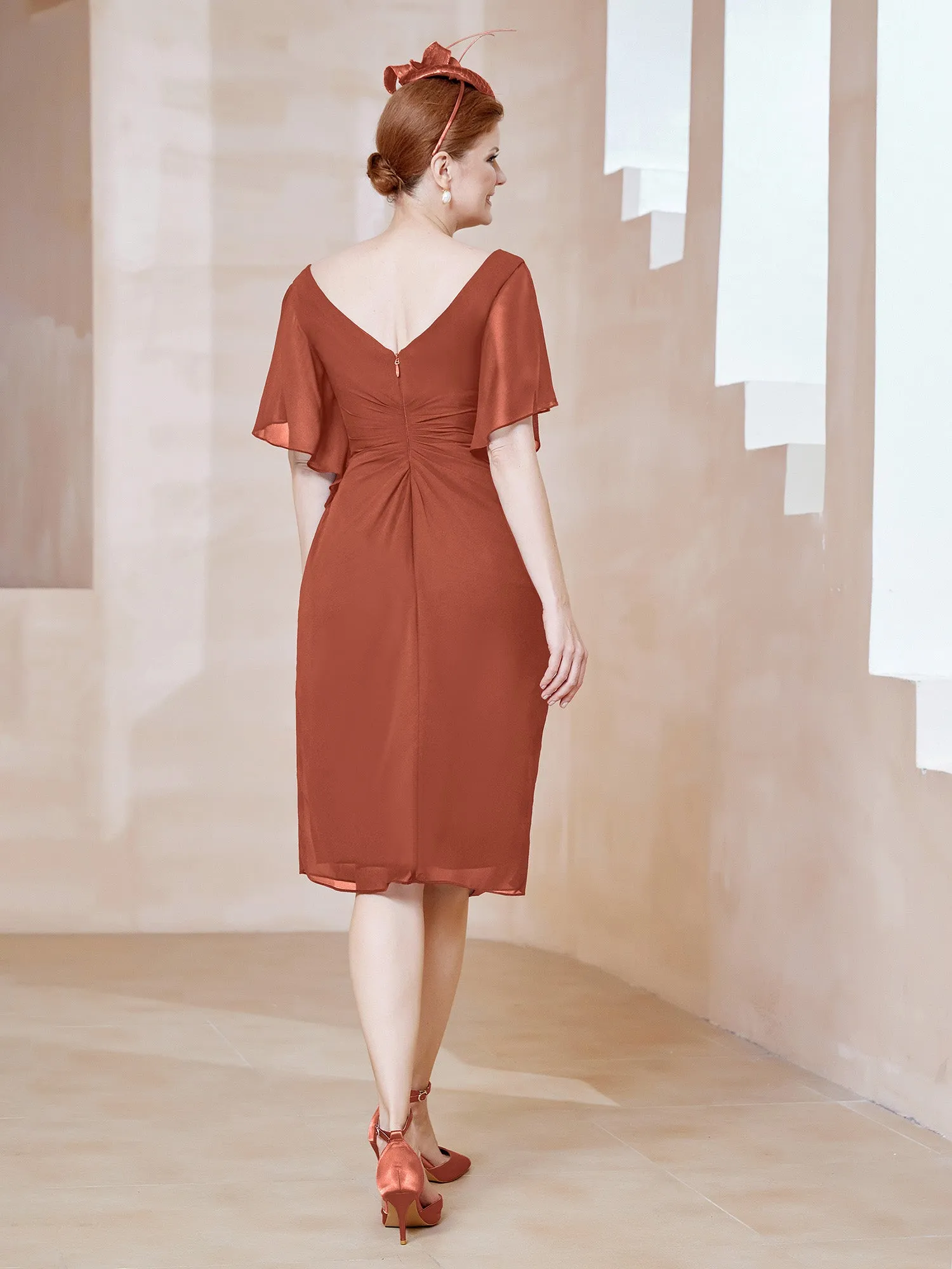 Flutter Sleeves V-neck Sequins Applique Decor Dress Rust