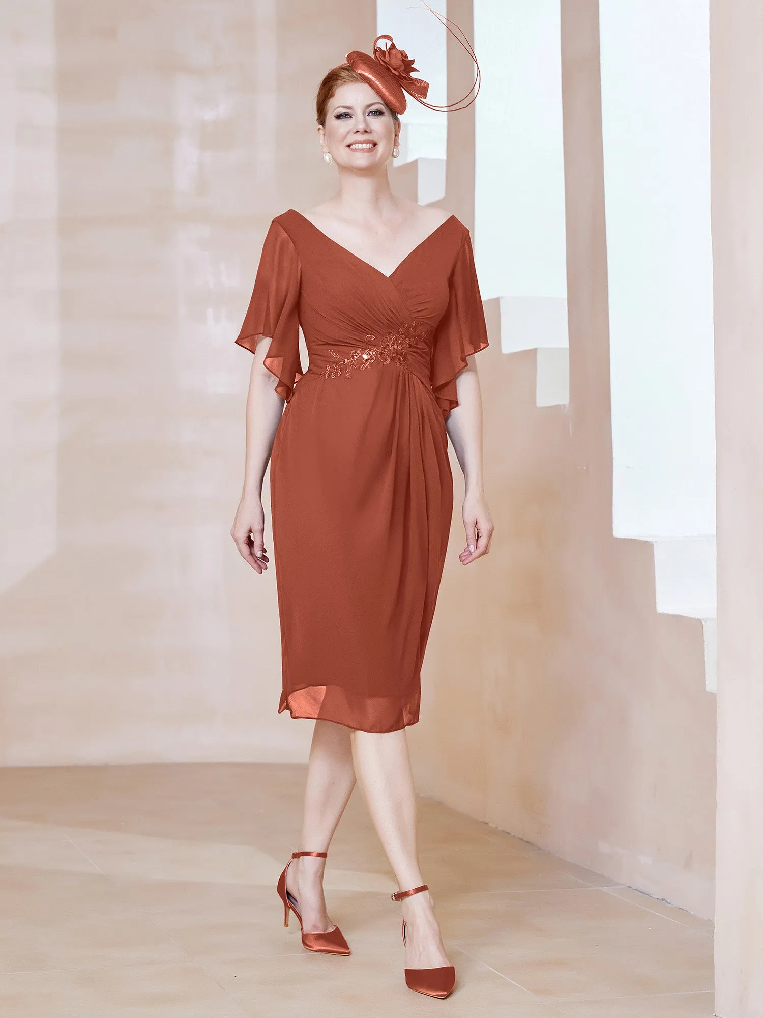 Flutter Sleeves V-neck Sequins Applique Decor Dress Rust