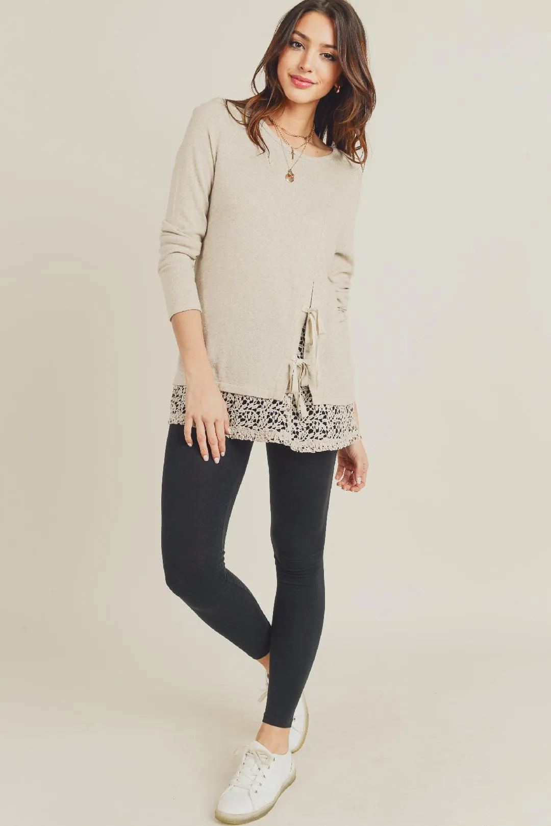 Front Tie and Lace Knit Sweater