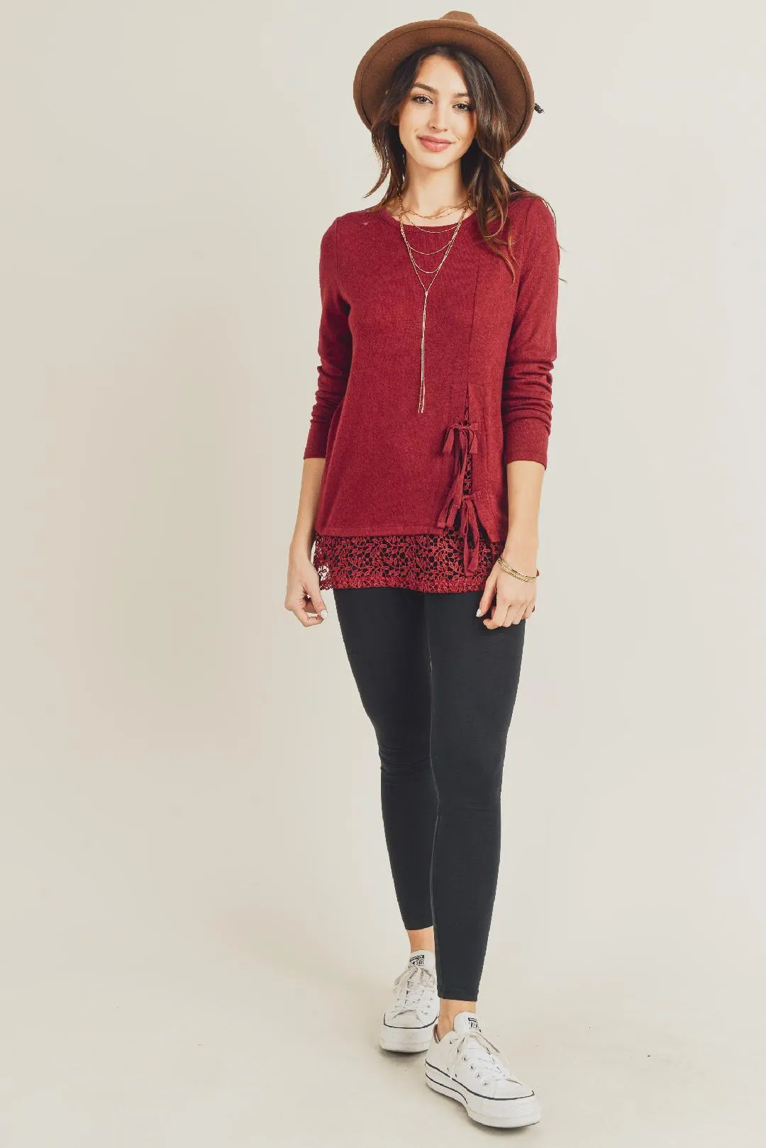 Front Tie and Lace Knit Sweater