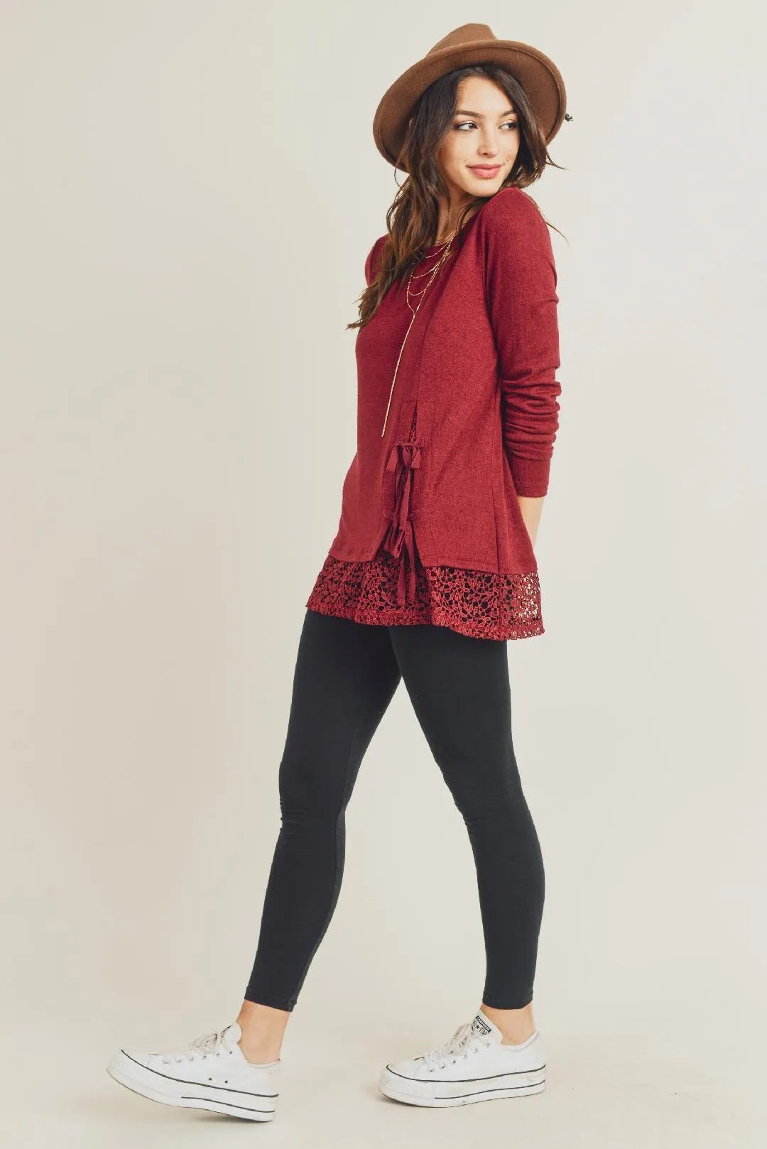 Front Tie and Lace Knit Sweater