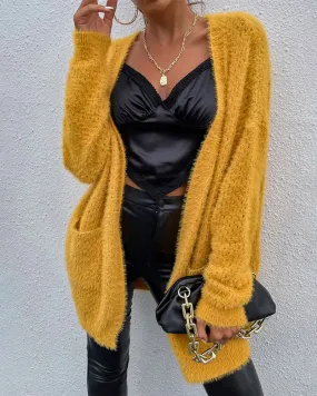 Fuzzy Knitted Sweater Cardigan with Pockets Soft Open Front Long Sweater Outerwear