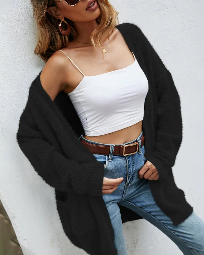 Fuzzy Knitted Sweater Cardigan with Pockets Soft Open Front Long Sweater Outerwear