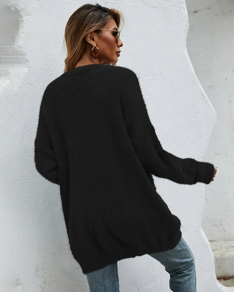 Fuzzy Knitted Sweater Cardigan with Pockets Soft Open Front Long Sweater Outerwear