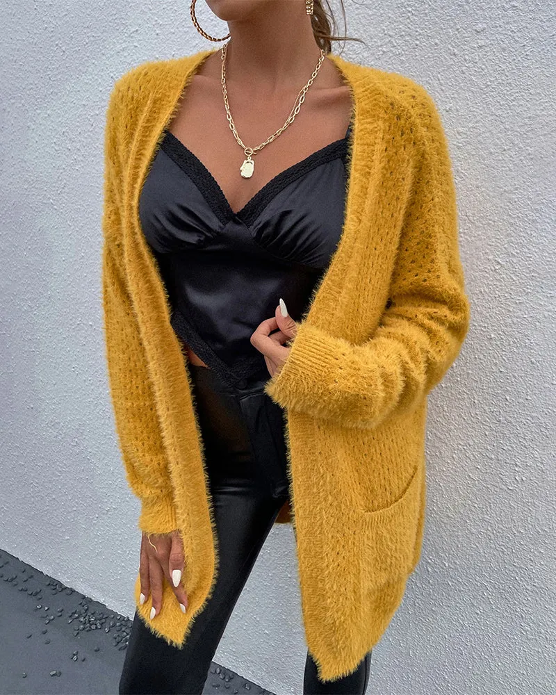 Fuzzy Knitted Sweater Cardigan with Pockets Soft Open Front Long Sweater Outerwear