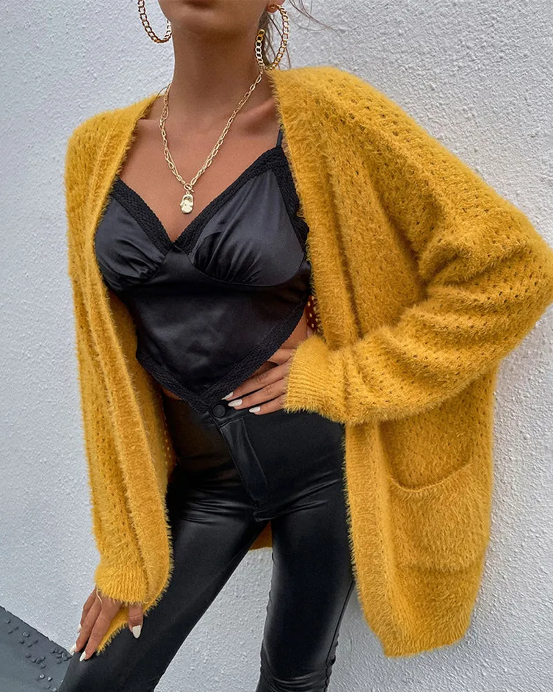 Fuzzy Knitted Sweater Cardigan with Pockets Soft Open Front Long Sweater Outerwear
