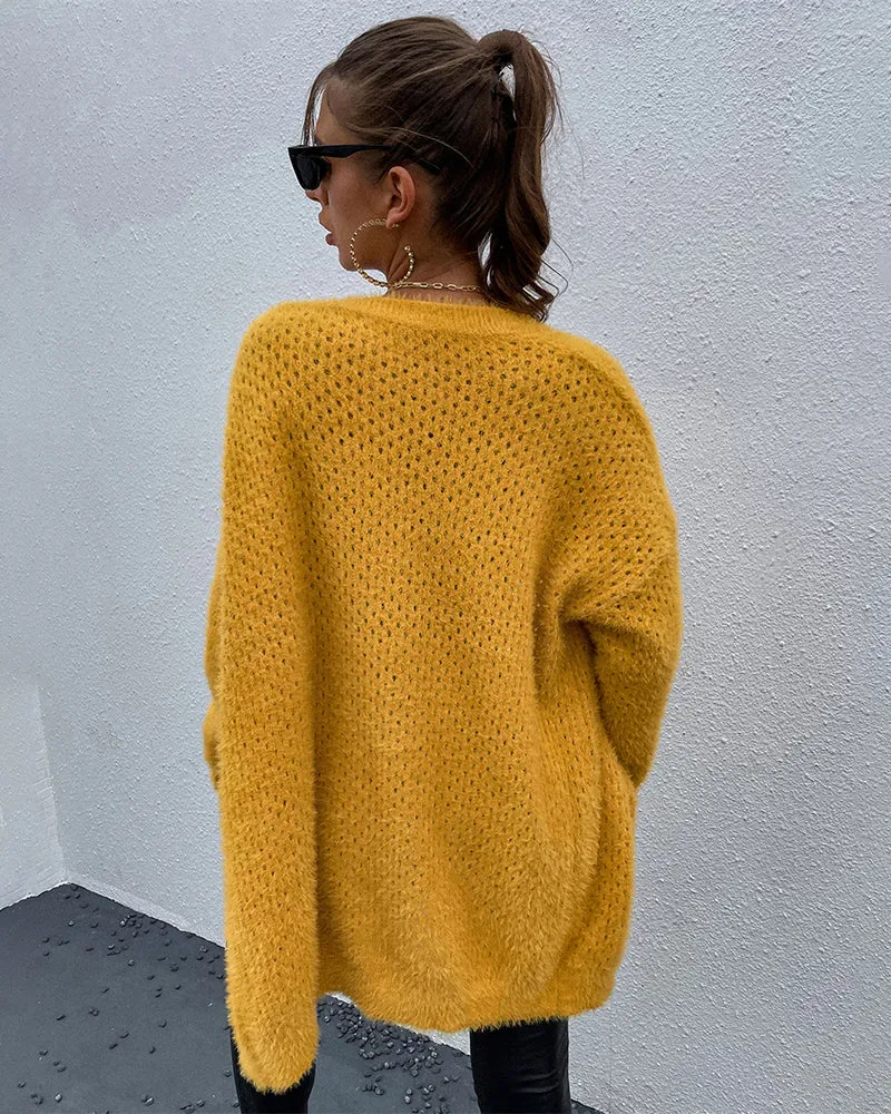Fuzzy Knitted Sweater Cardigan with Pockets Soft Open Front Long Sweater Outerwear