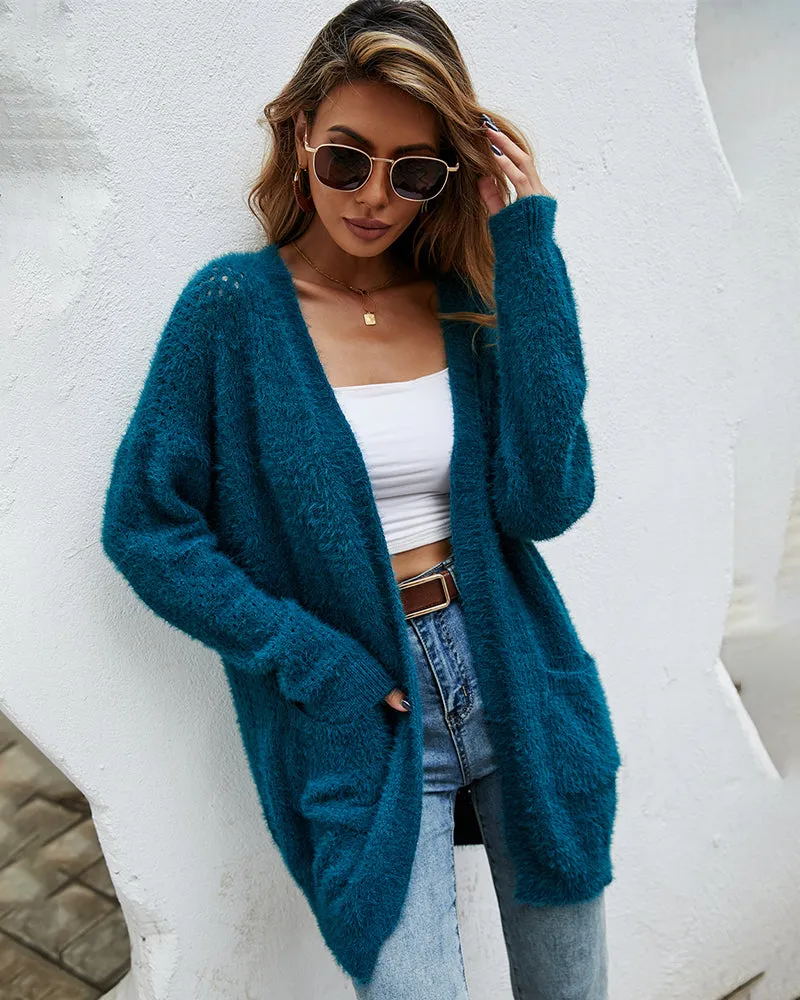 Fuzzy Knitted Sweater Cardigan with Pockets Soft Open Front Long Sweater Outerwear
