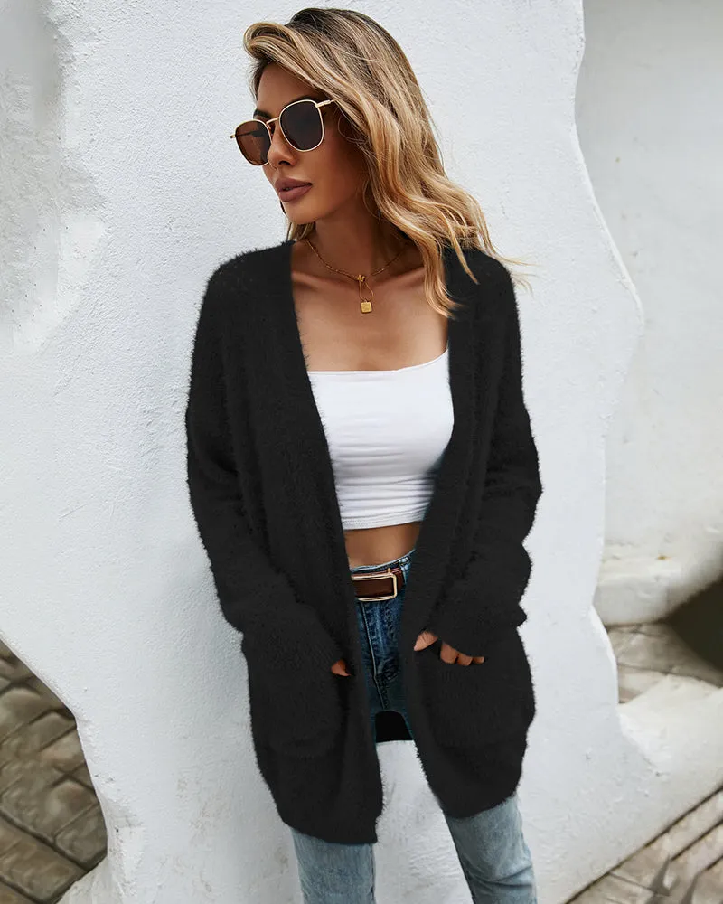 Fuzzy Knitted Sweater Cardigan with Pockets Soft Open Front Long Sweater Outerwear