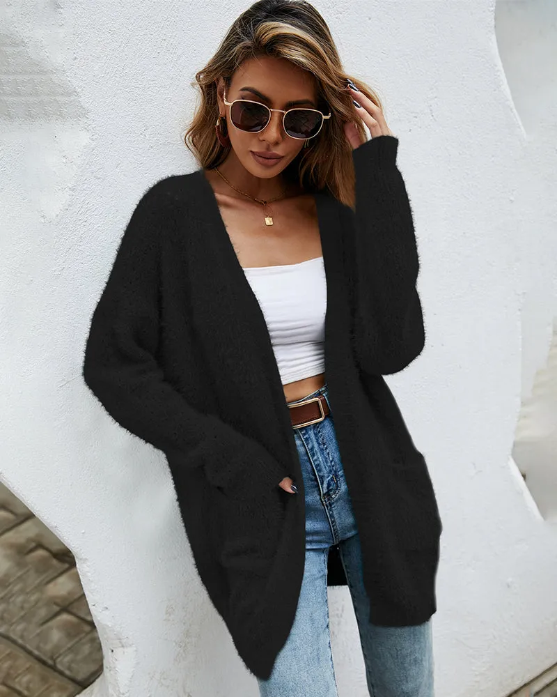 Fuzzy Knitted Sweater Cardigan with Pockets Soft Open Front Long Sweater Outerwear