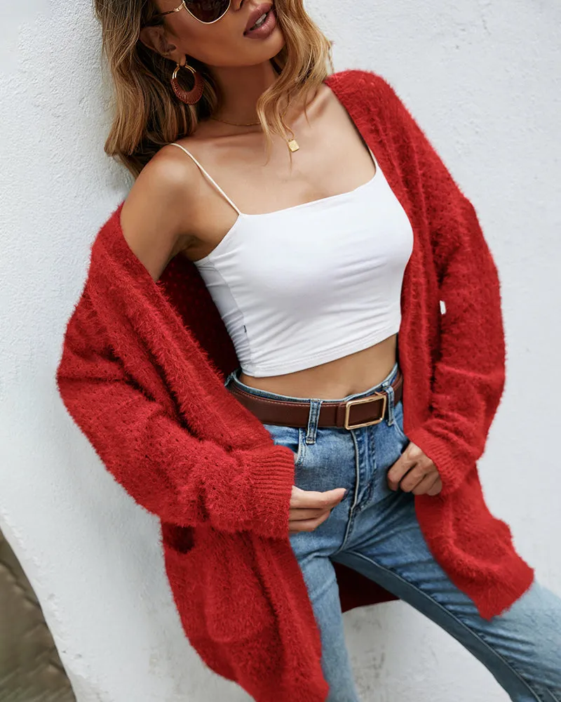 Fuzzy Knitted Sweater Cardigan with Pockets Soft Open Front Long Sweater Outerwear