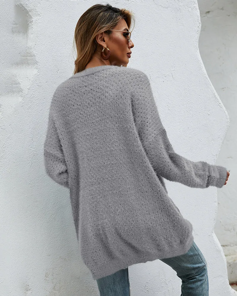 Fuzzy Knitted Sweater Cardigan with Pockets Soft Open Front Long Sweater Outerwear