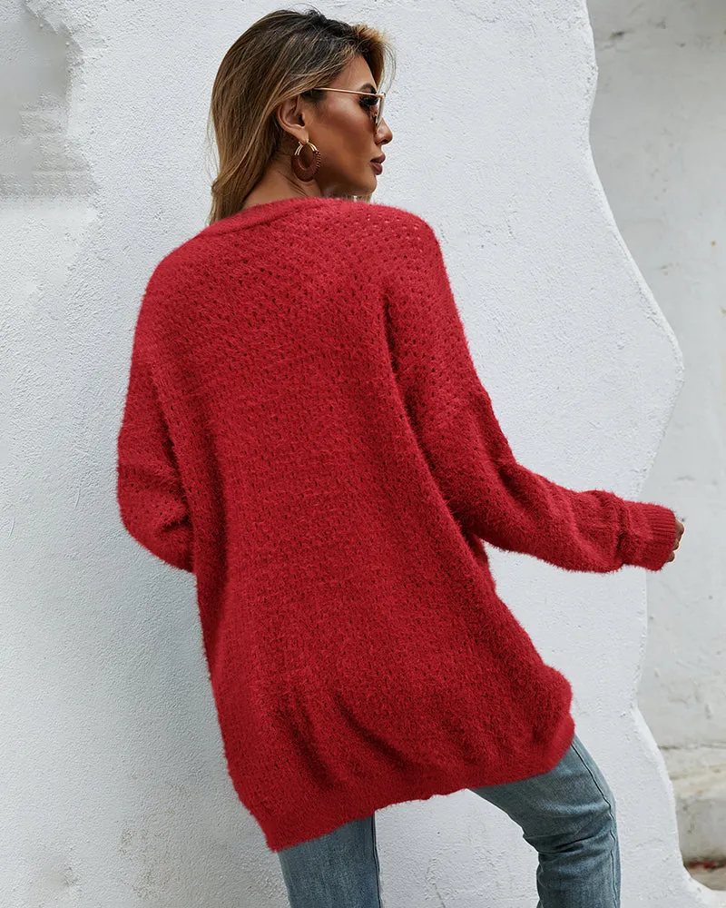 Fuzzy Knitted Sweater Cardigan with Pockets Soft Open Front Long Sweater Outerwear