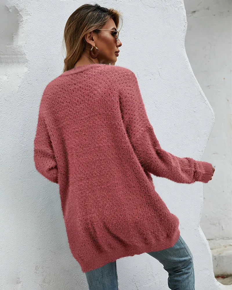 Fuzzy Knitted Sweater Cardigan with Pockets Soft Open Front Long Sweater Outerwear