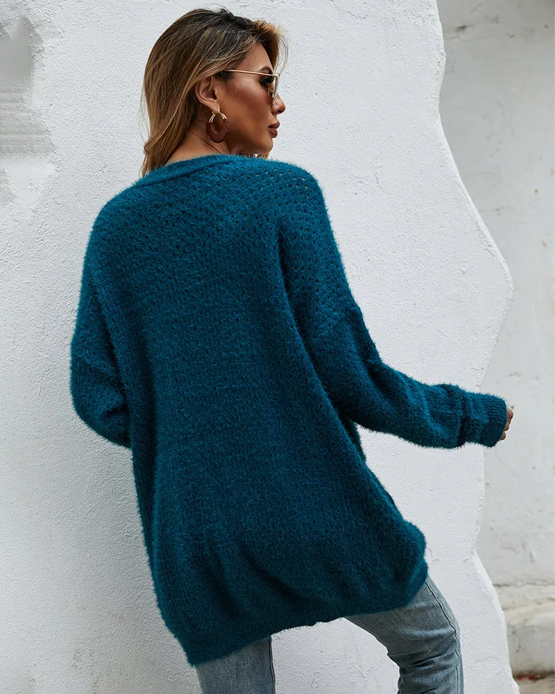 Fuzzy Knitted Sweater Cardigan with Pockets Soft Open Front Long Sweater Outerwear