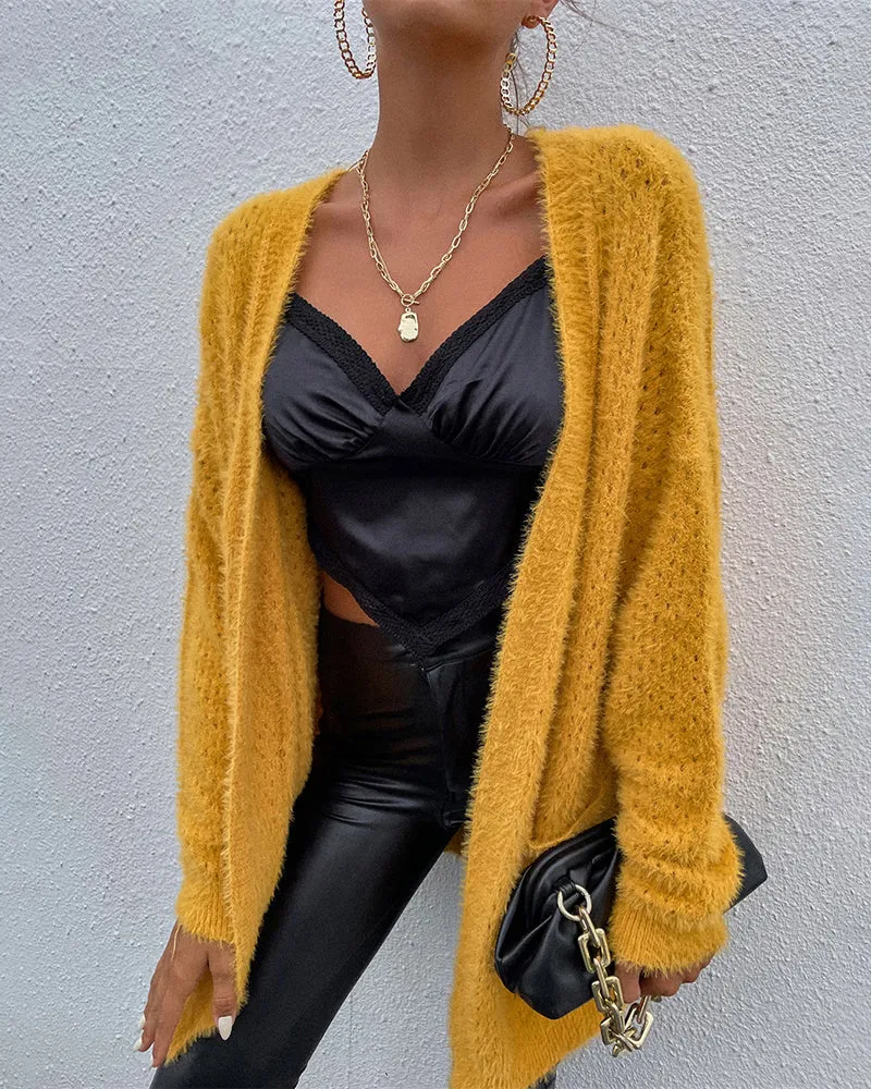 Fuzzy Knitted Sweater Cardigan with Pockets Soft Open Front Long Sweater Outerwear