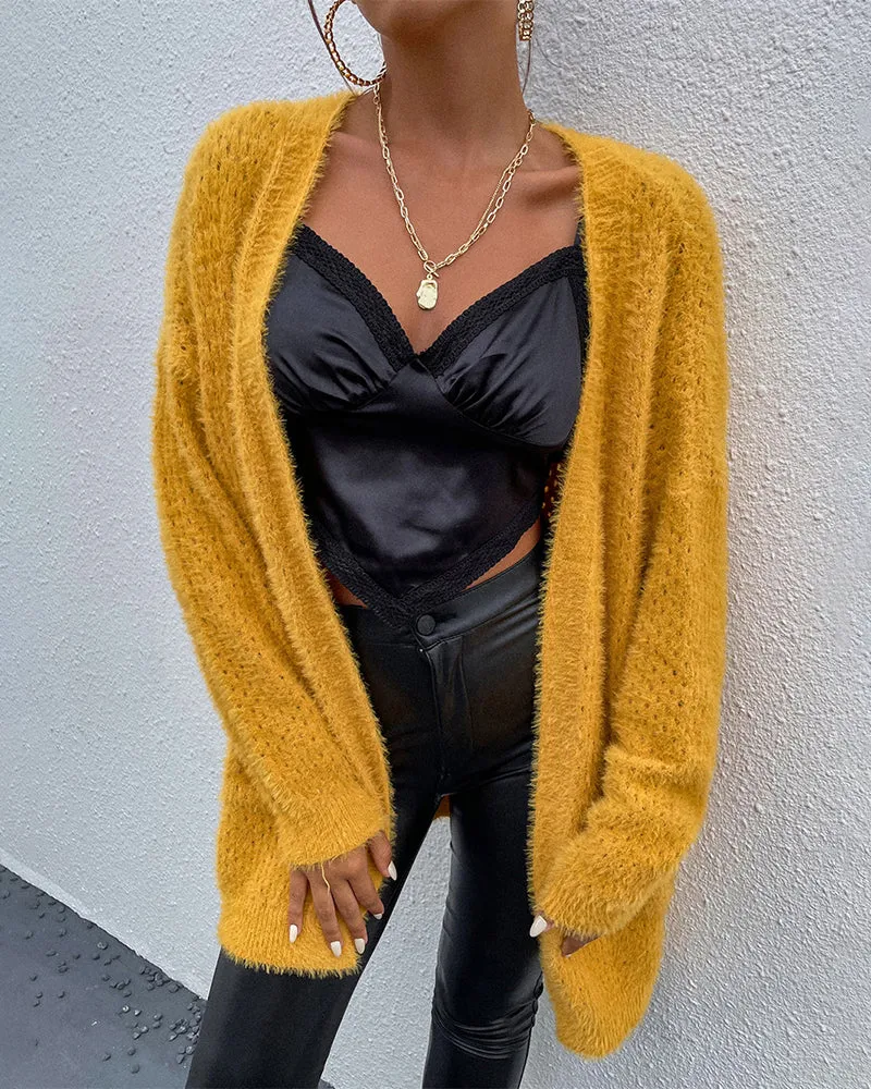 Fuzzy Knitted Sweater Cardigan with Pockets Soft Open Front Long Sweater Outerwear