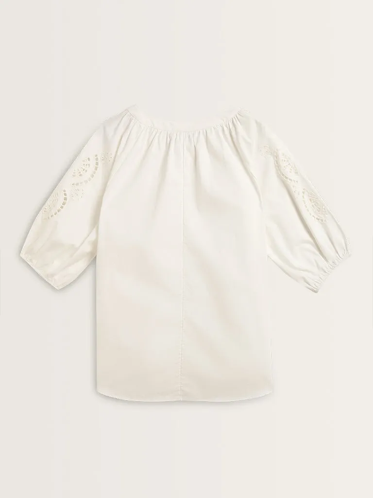 Gia White Cut-Out Detailed Cotton Blouse