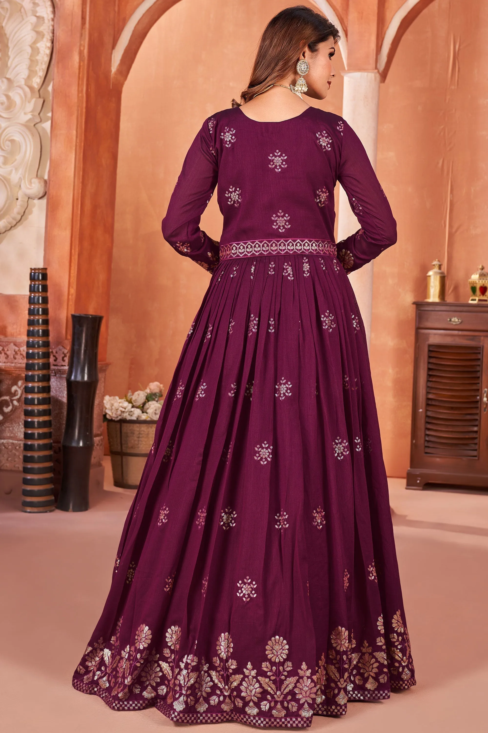 Gorgeous Art Silk Anarkali Suit For Function In Wine Color