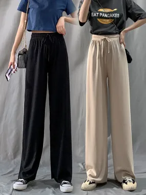 Ice Silk Wide Leg Culottes Women High Waist Drape Solid Colored Loose Summer Thin Floor Length Casual Straight Long Pants