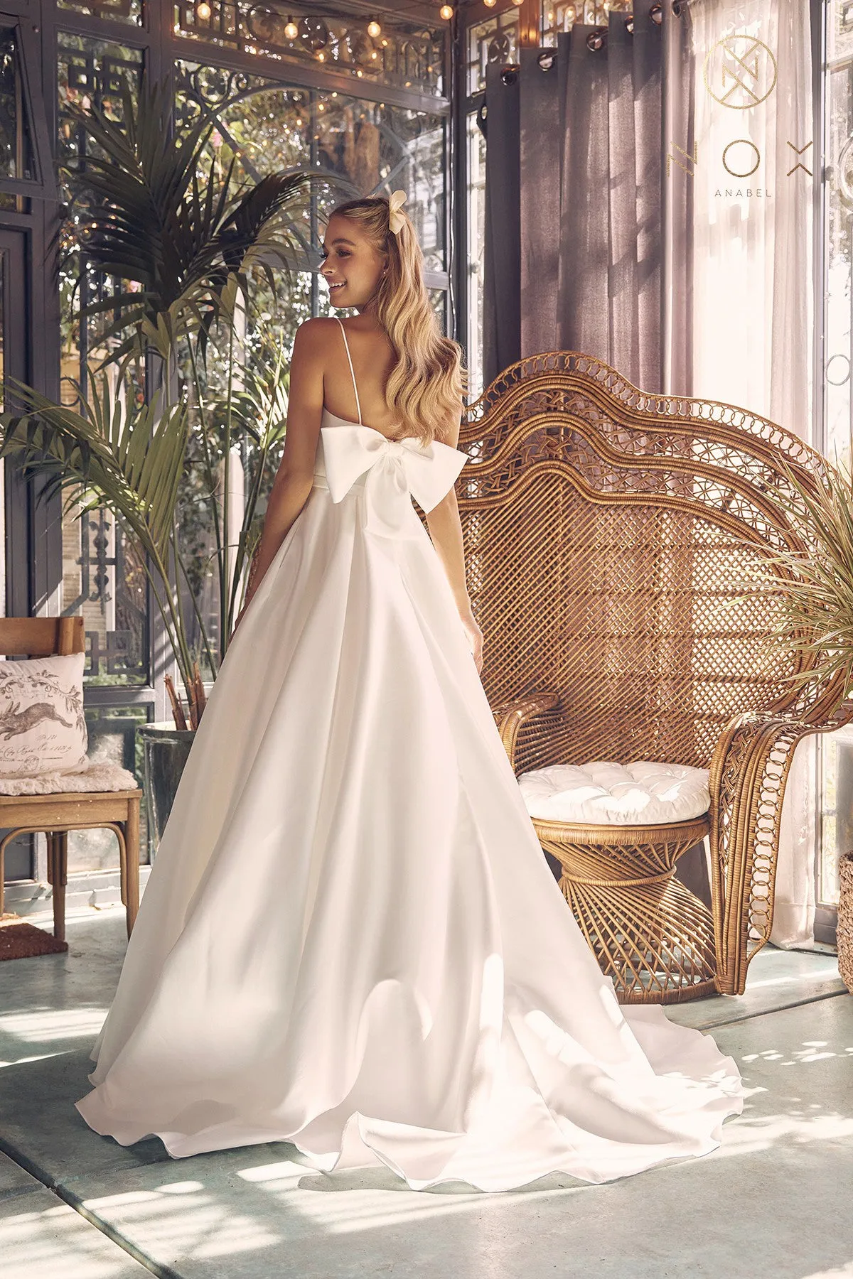Illusion Straight Across A-Line Satin Spaghetti Straps Long Wedding Dress NXJE968