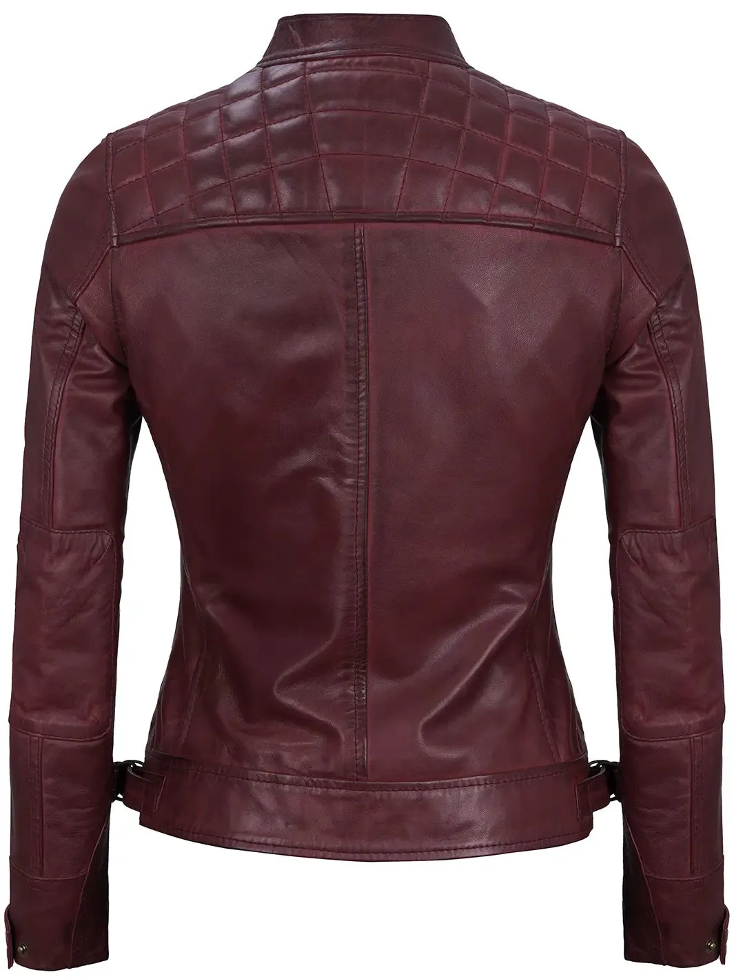 Johnson Women's Maroon Quilted Cafe Racer Leather Jacket