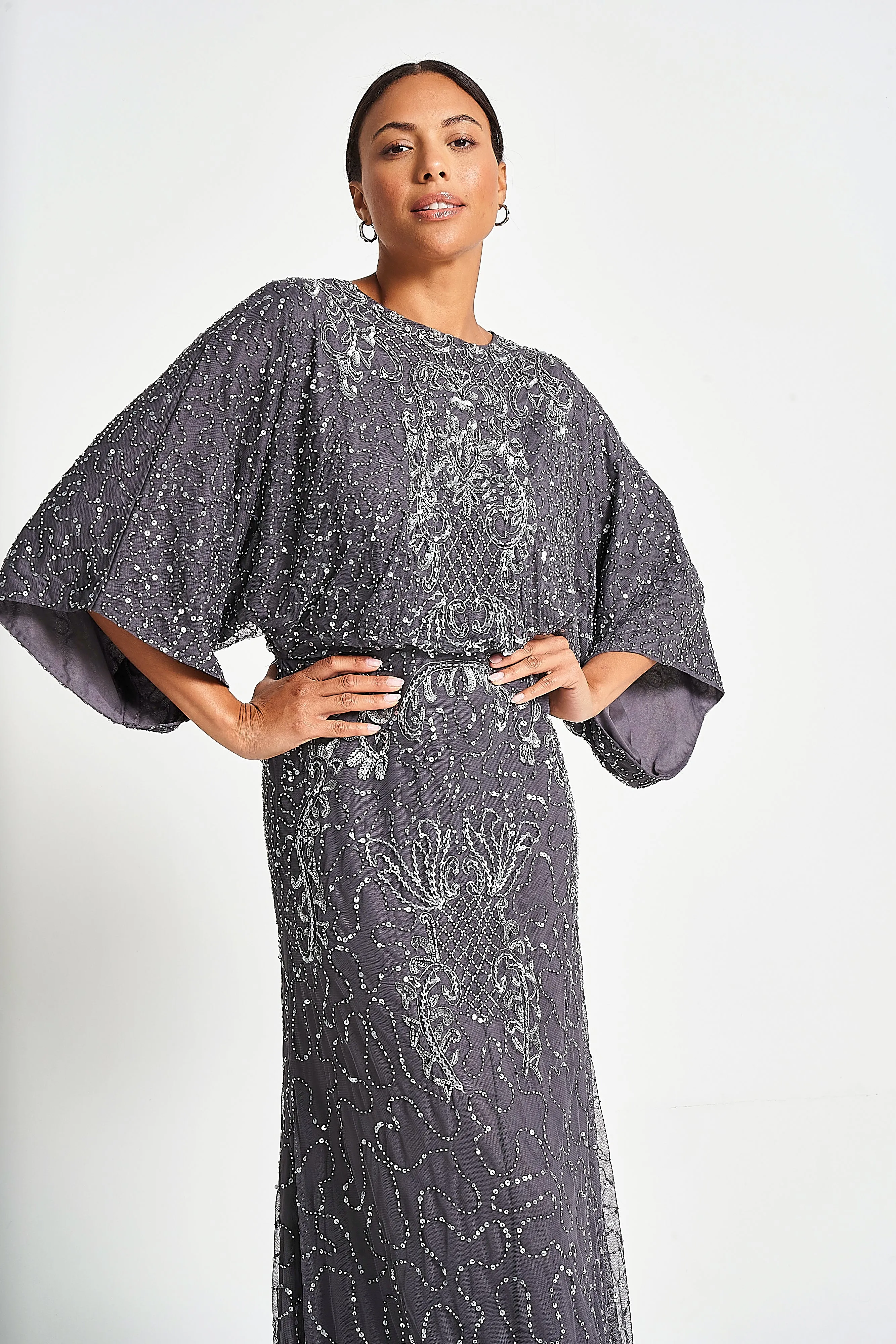 Judith Charcoal Embellished Maxi Dress with Batwing Sleeves