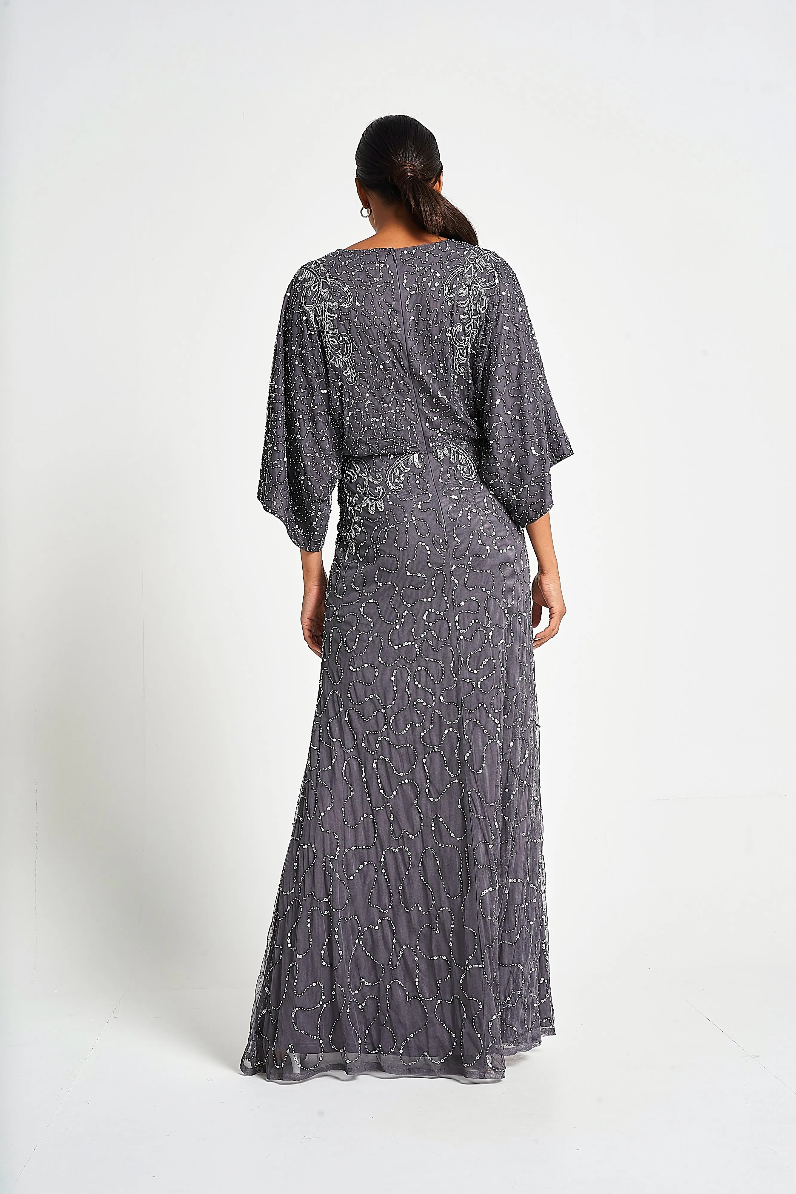 Judith Charcoal Embellished Maxi Dress with Batwing Sleeves