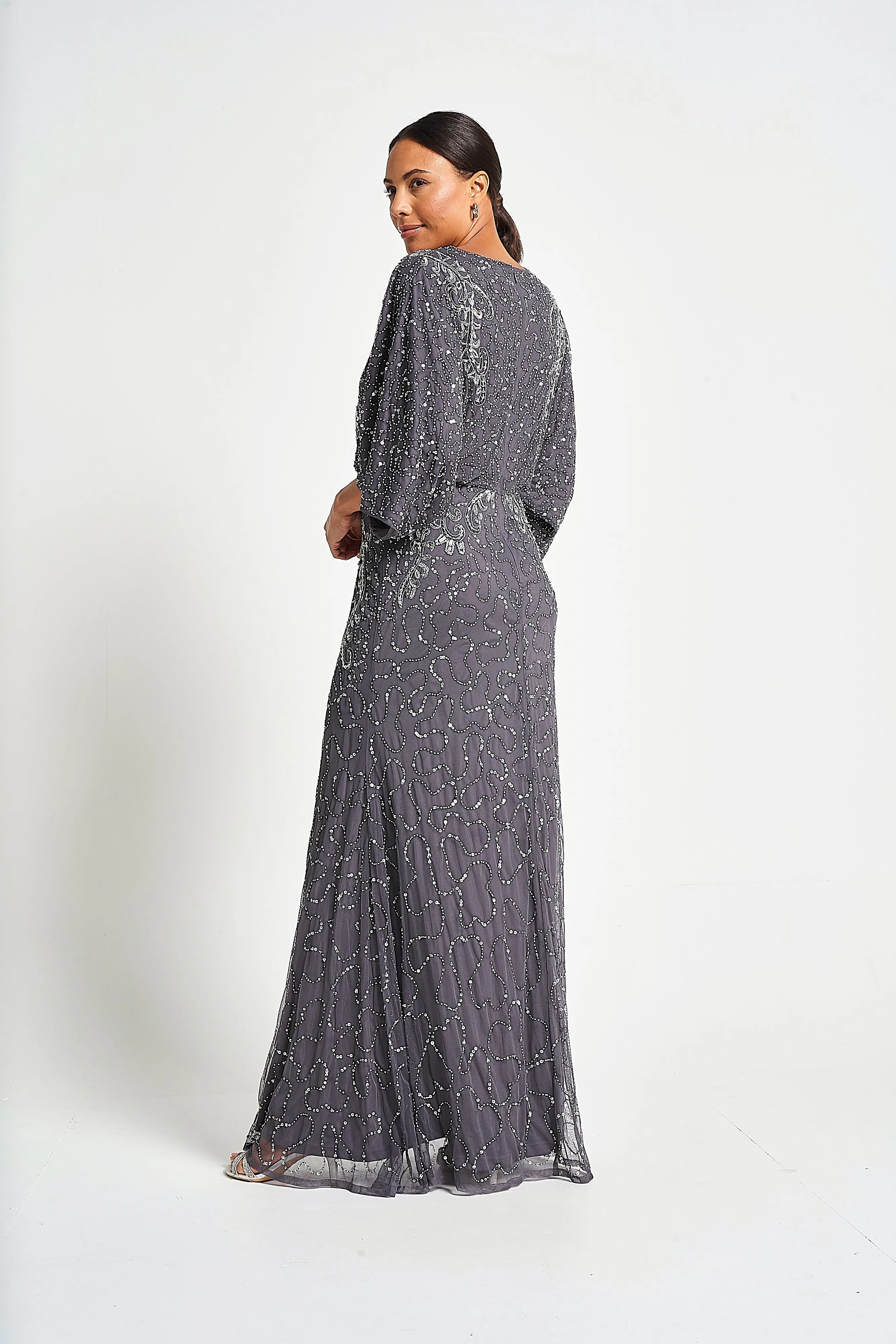 Judith Charcoal Embellished Maxi Dress with Batwing Sleeves