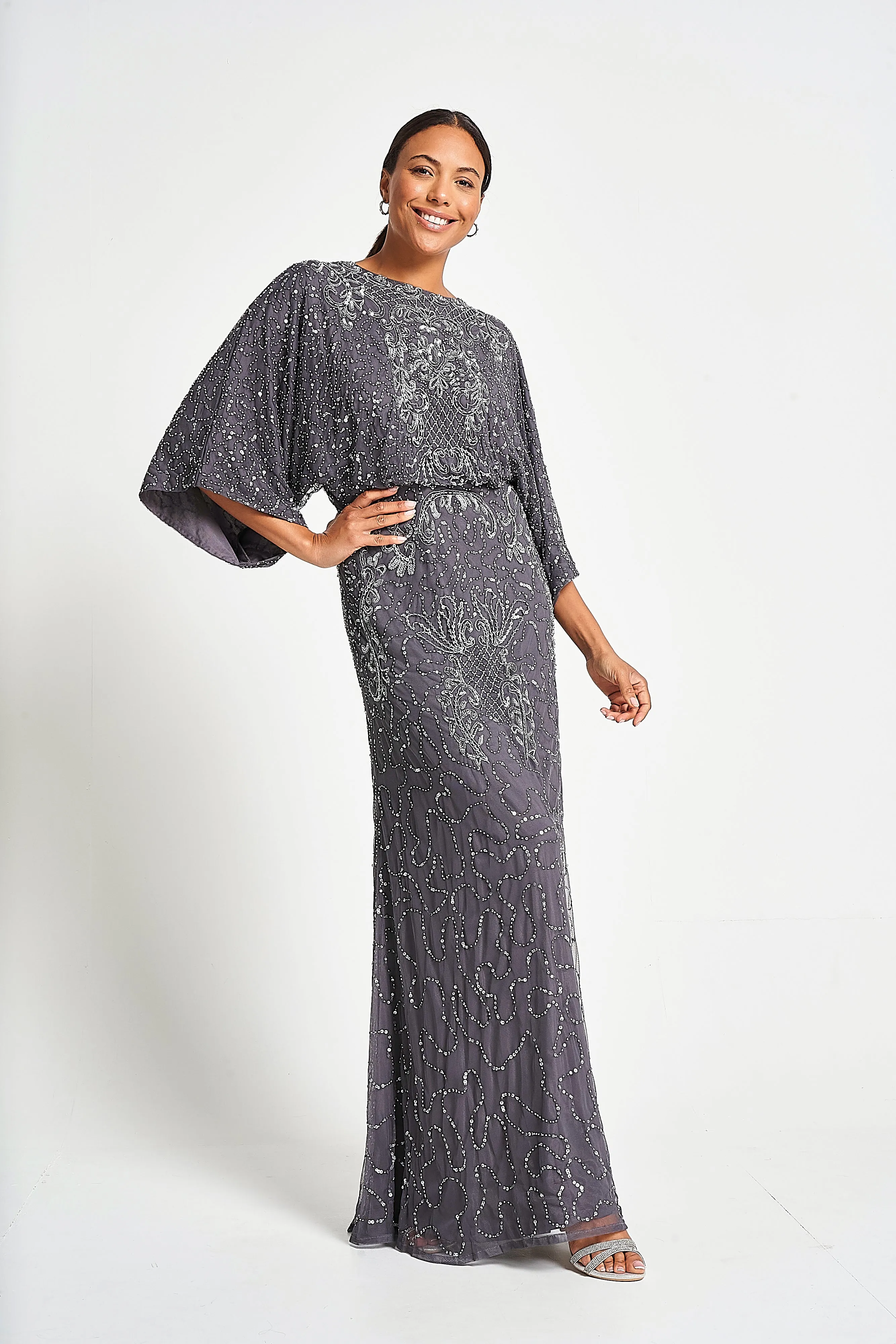 Judith Charcoal Embellished Maxi Dress with Batwing Sleeves