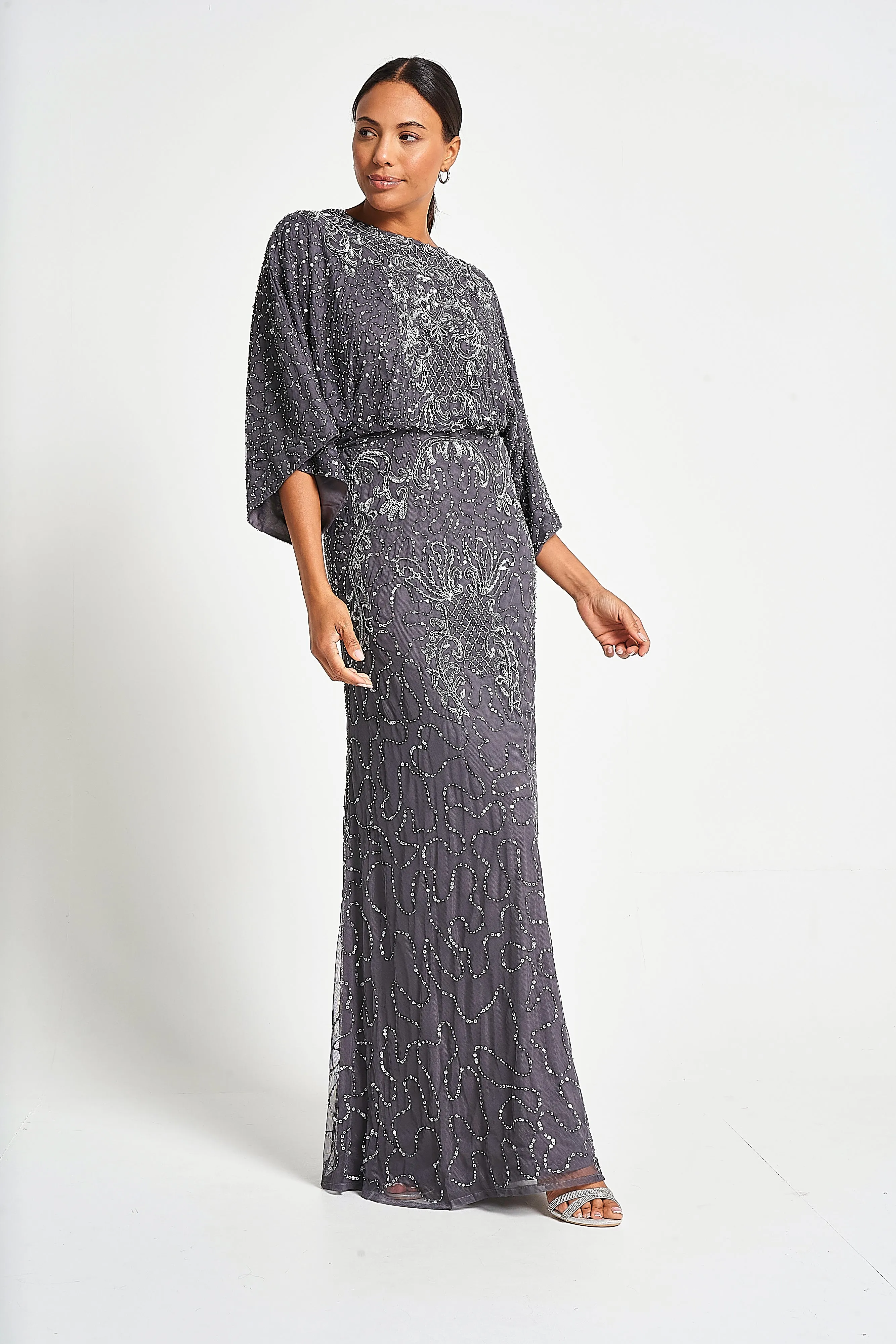 Judith Charcoal Embellished Maxi Dress with Batwing Sleeves