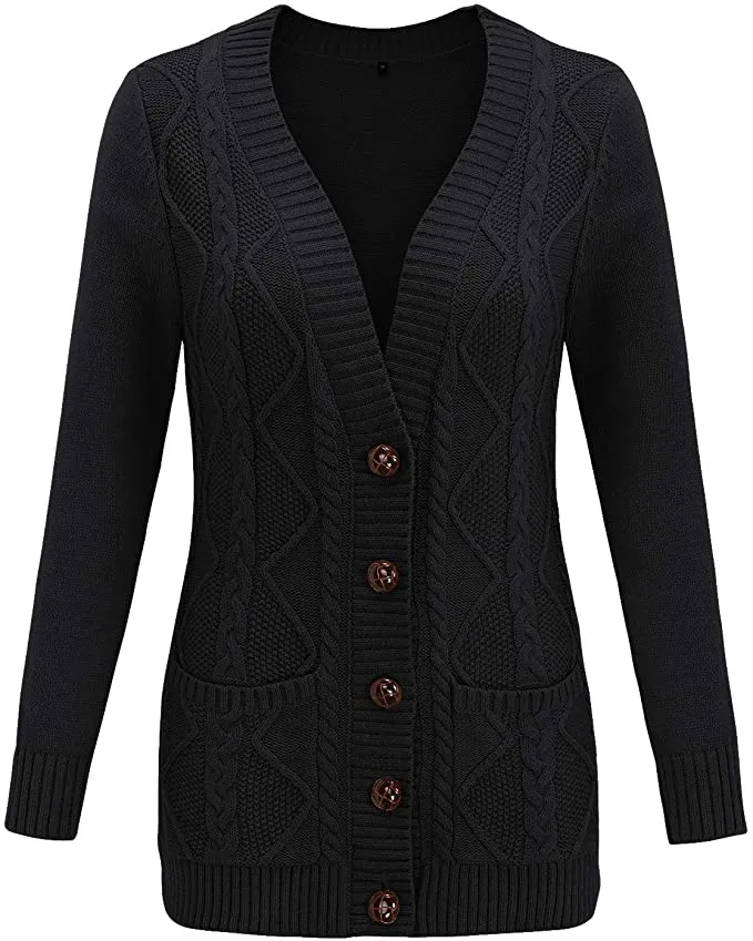 KILIG Women's Cardigan Sweater Open Front Button-Down Long Sleeve Boyfriend Loose Outwear with Pockets, Black - Size Small