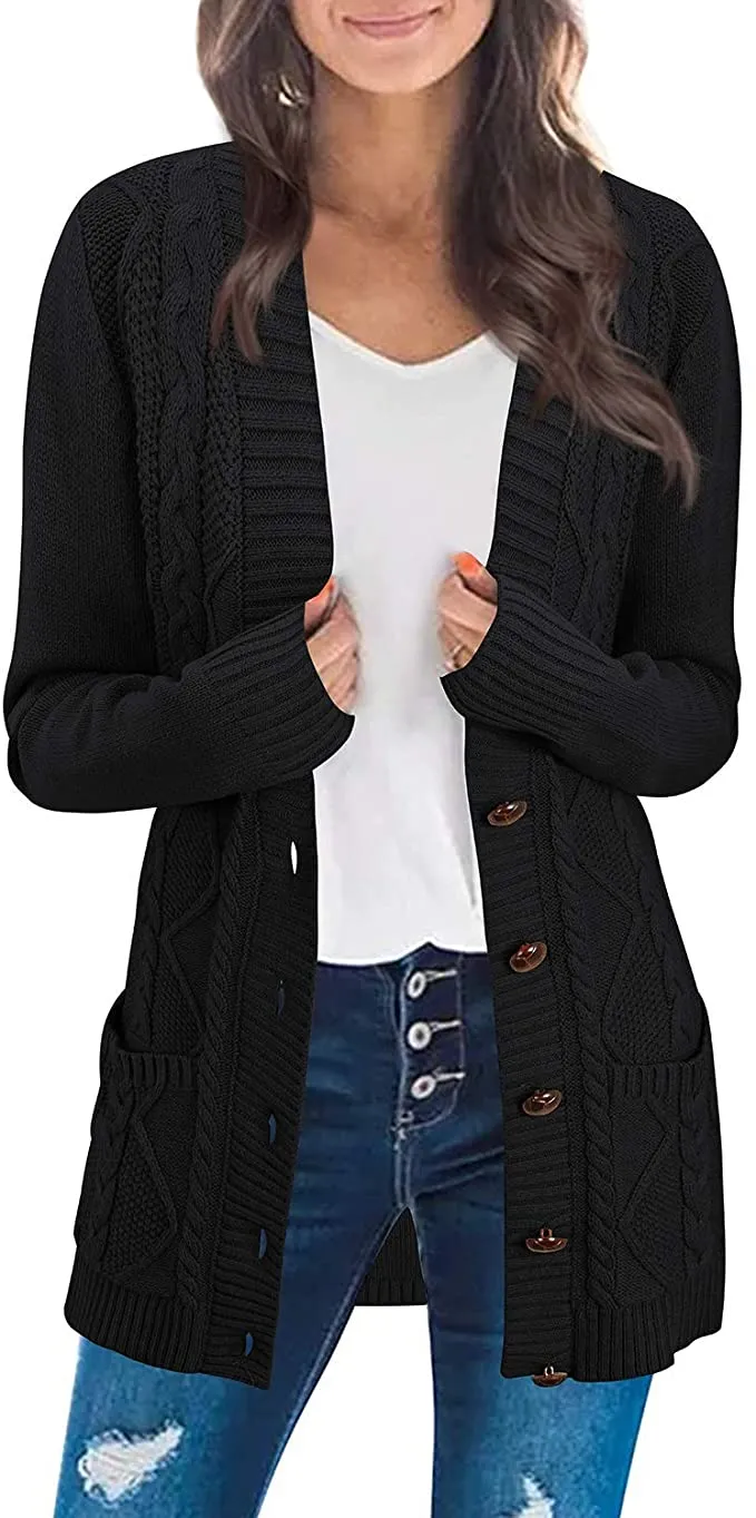 KILIG Women's Cardigan Sweater Open Front Button-Down Long Sleeve Boyfriend Loose Outwear with Pockets, Black - Size Small