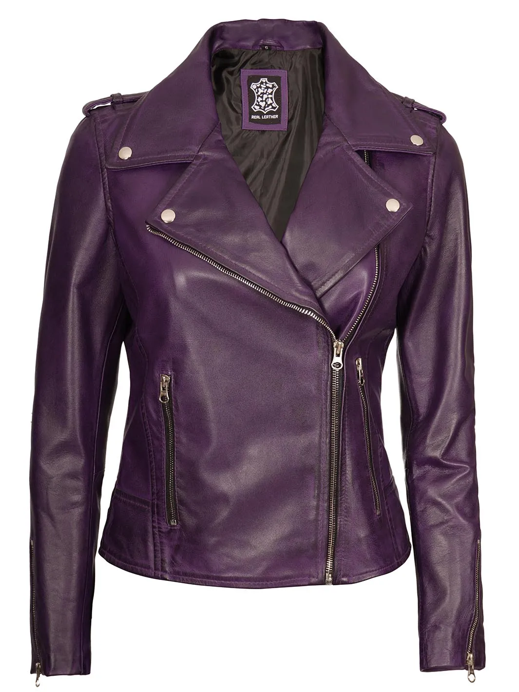 Kirsten Women's Asymmetrical Cafe Racer Purple Leather Jacket