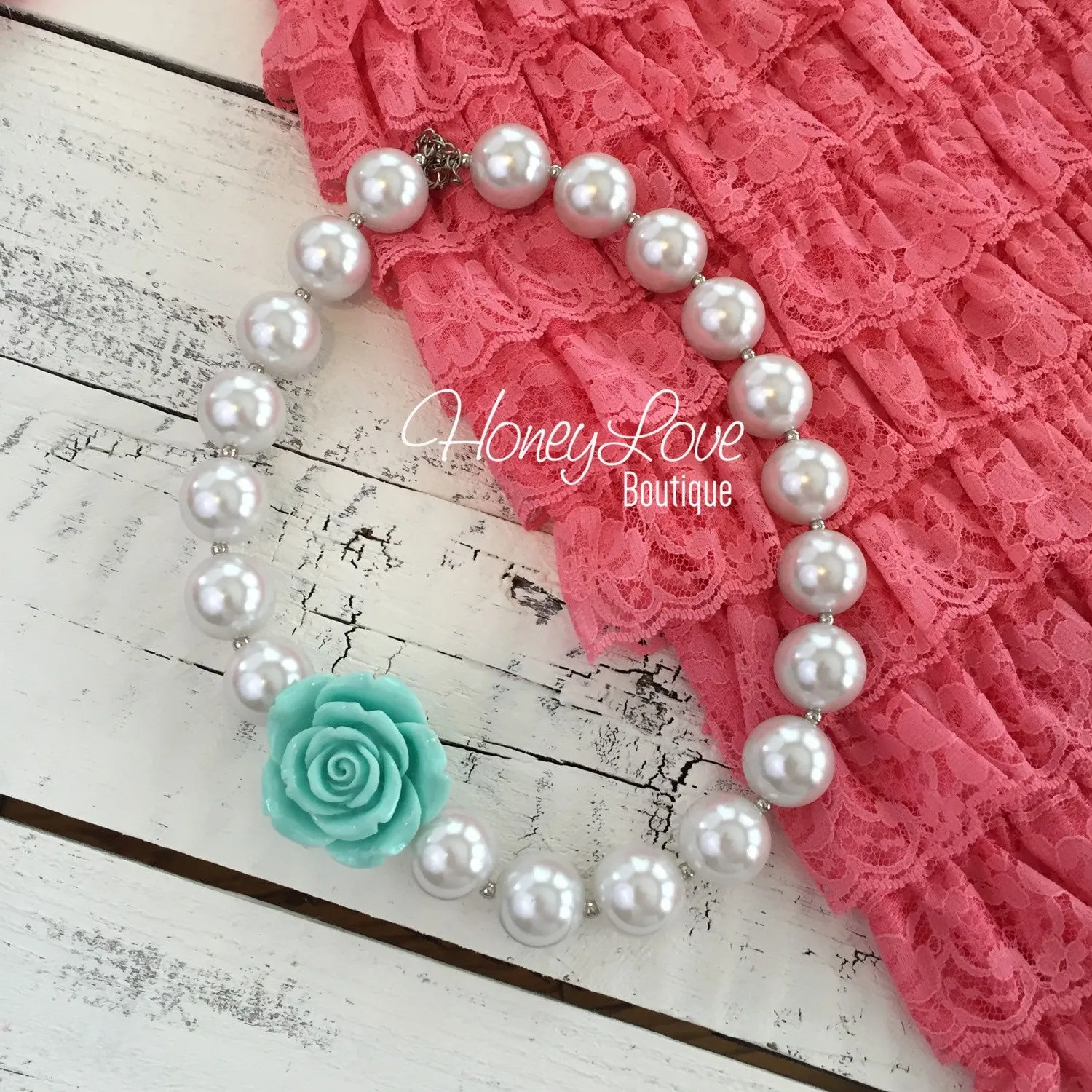 Lace Petti Romper - Coral and Aqua - optional necklace and headband