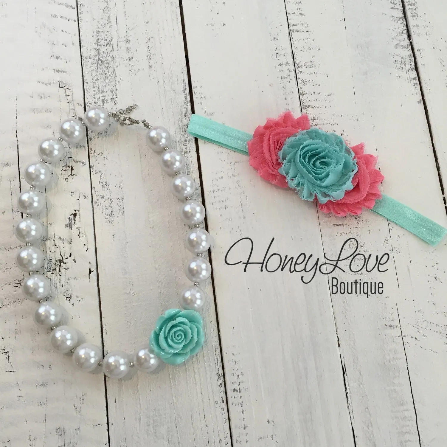 Lace Petti Romper - Coral and Aqua - optional necklace and headband